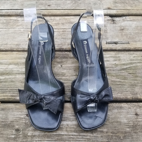 Vintage 90s y2k Black Leather Square toe Bow Front Slingback Wedge Sandals 8 - Picture 6 of 9